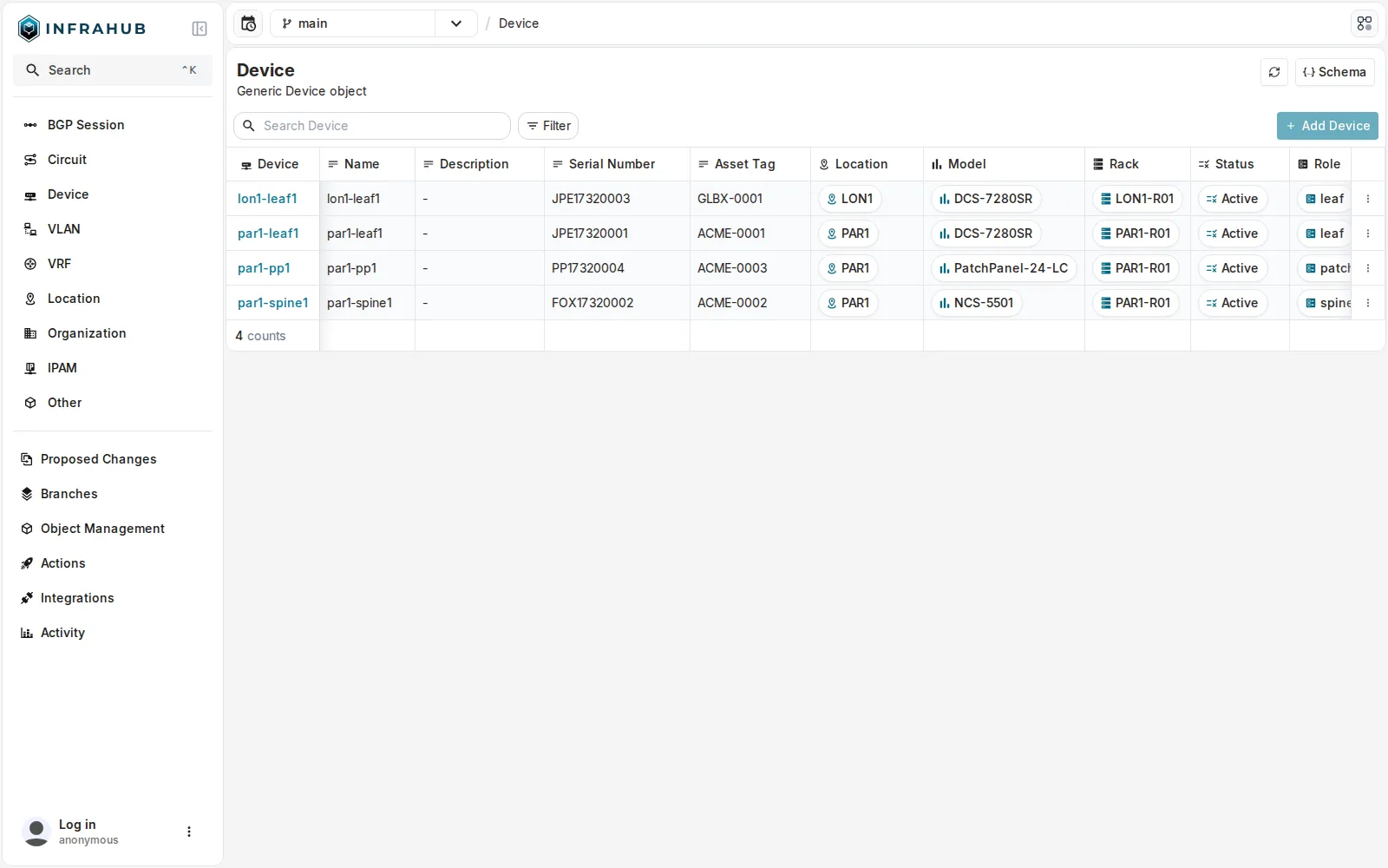 Les 4 devices du lab dans Infrahub, vue InfraDevice : lon1-leaf1, par1-leaf1, par1-pp1, par1-spine1, avec location, model, rack, role et status.