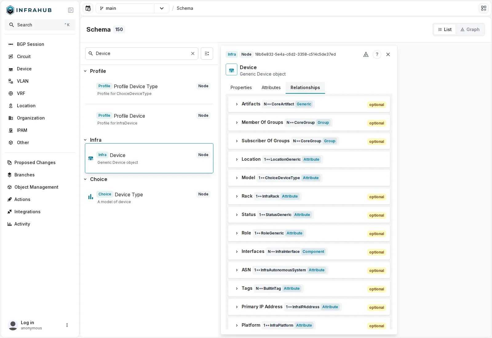 Le kind InfraDevice, onglet Relationships : Location, Model, Rack, Status, Role, Interfaces, ASN vers InfraAutonomousSystem, Primary IP Address, Platform.