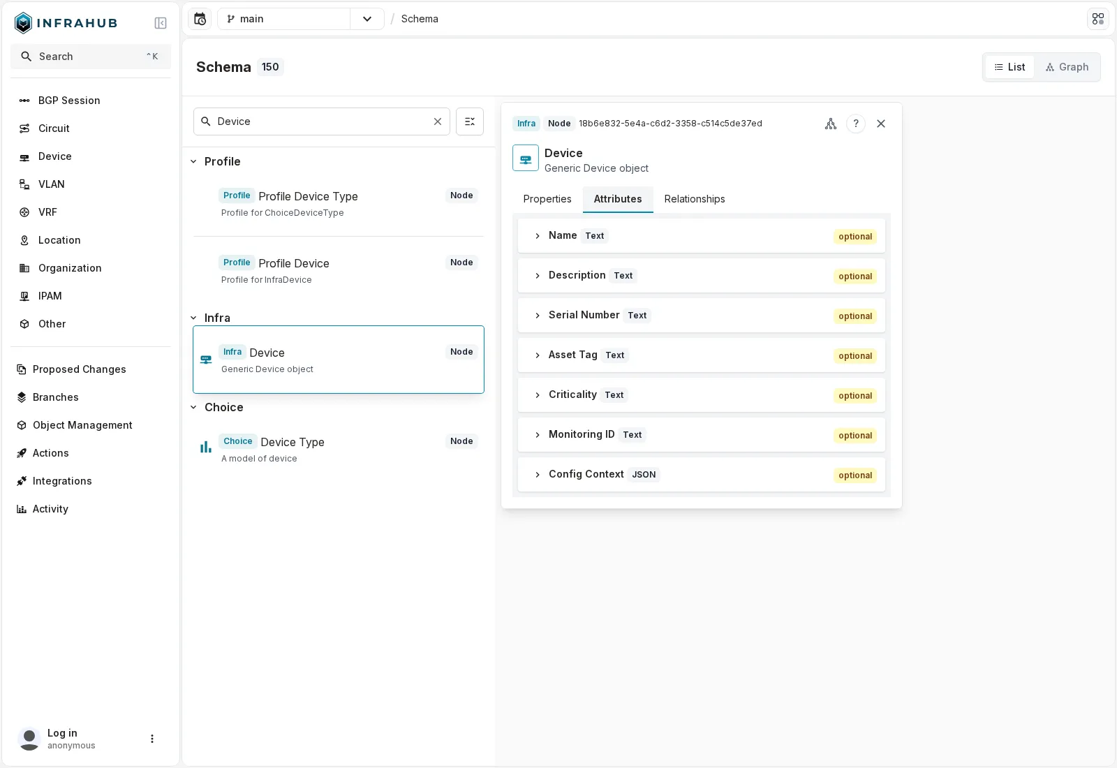 Le kind InfraDevice dans le schéma, onglet Attributes : Name, Description, Serial Number, Asset Tag, Criticality, Monitoring ID (Text), Config Context (JSON).