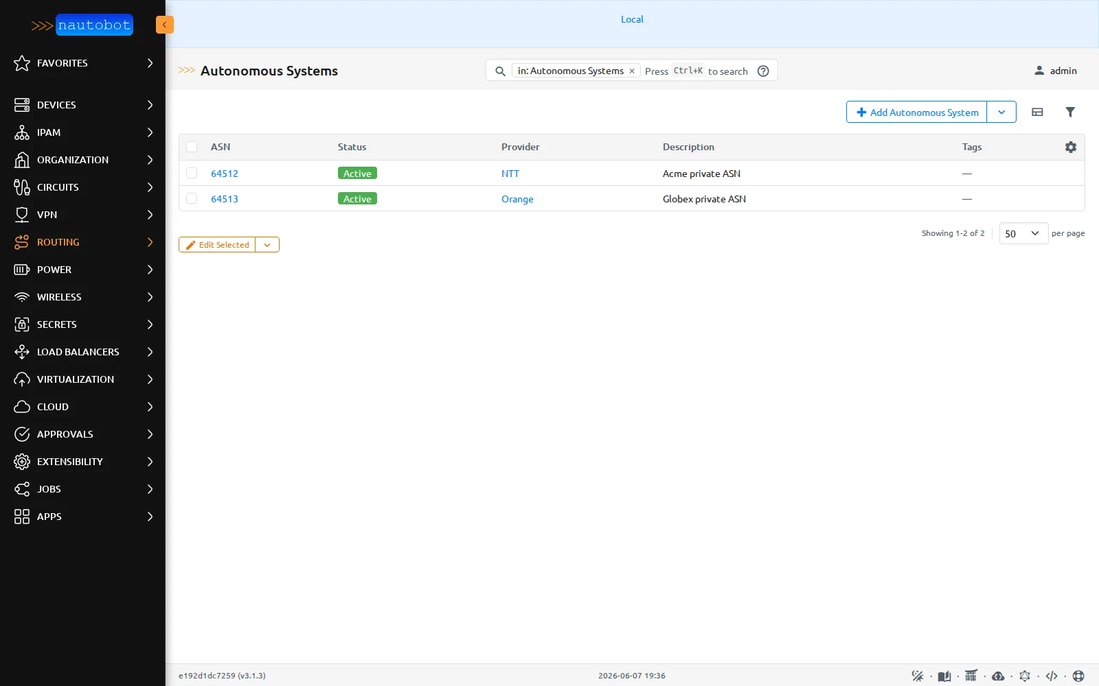 Le plugin BGP Models de Nautobot : les AS 64512 et 64513 comme objets, statut Active.
