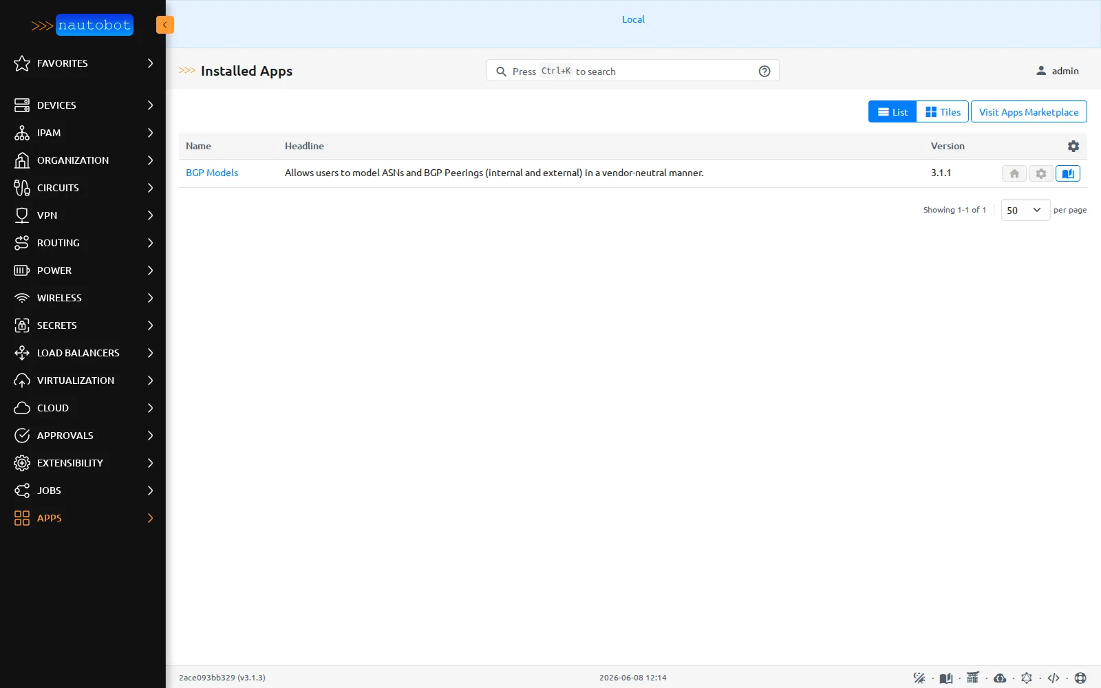 La page Installed Apps de Nautobot : une seule app installée, BGP Models 3.1.1.