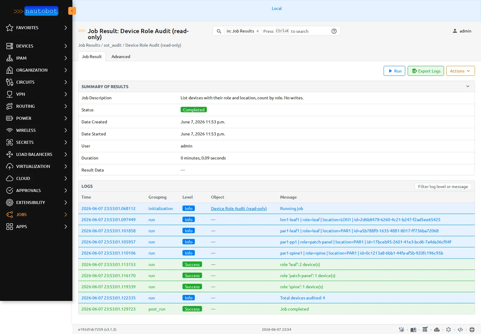 Le JobResult de Device Role Audit dans Nautobot : statut Completed, et la table des logs structurés.
