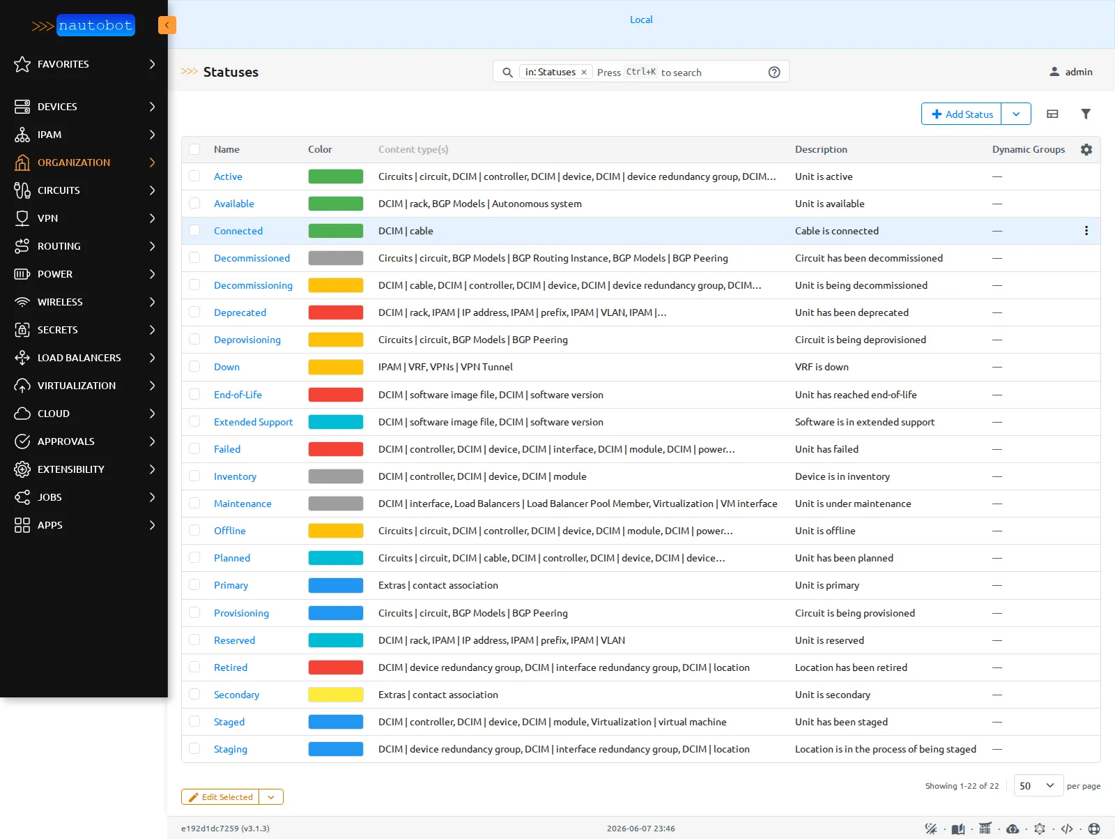 La page Statuses de Nautobot : une vingtaine de statuts comme objets, avec une colonne Content type(s).